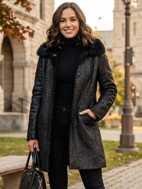 GUESS Black Textured Faux Fur Collar Faux Shearling Coat